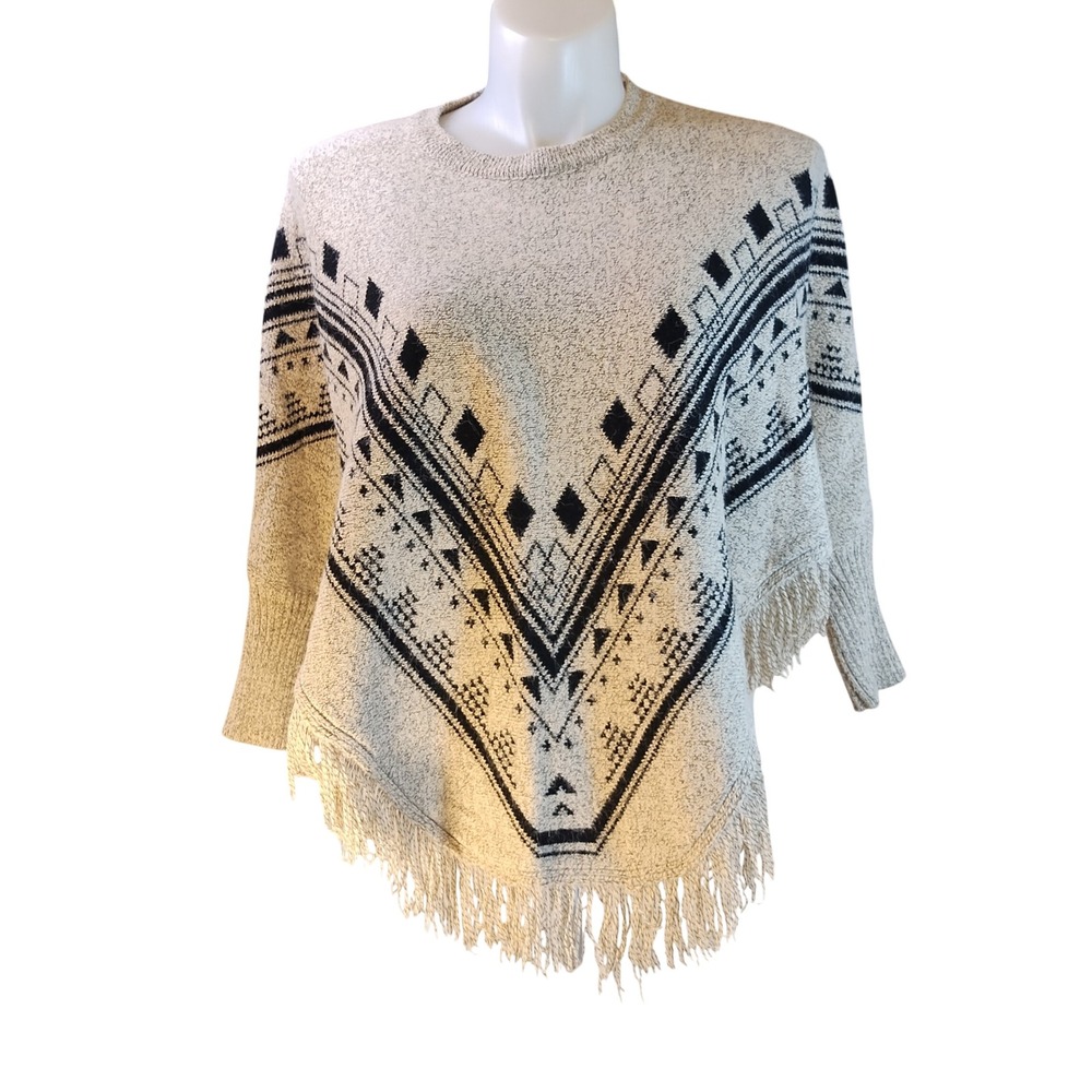 Monteau Southwest Fringe Poncho Sweater Ribbed Sleeves Boho Festival Layer Aztec
